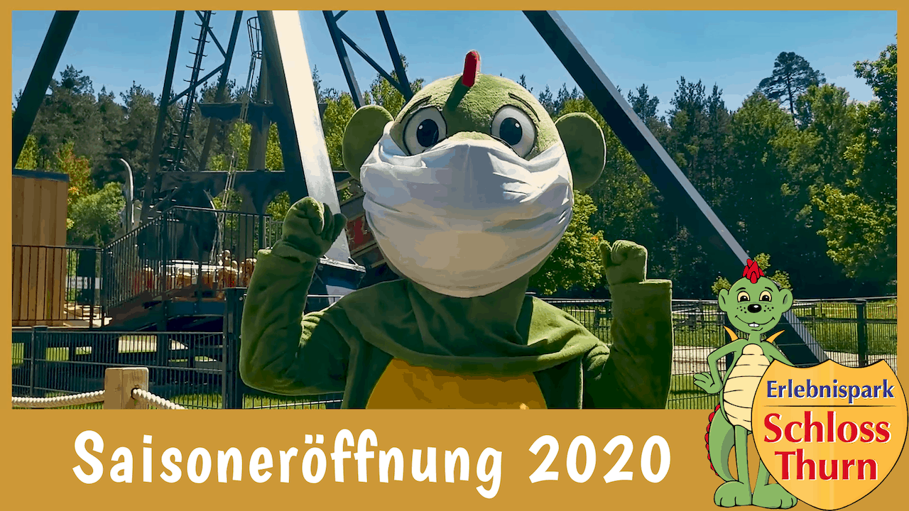 saisonstart-2020-schlossthurn maskottchen dinolino mit schutzmaske zur eröffnung vom freizeitpark schloss thurn